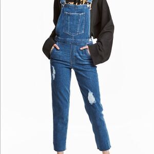 DIVIDED H&M Distressed denim Cuffed Overalls Blue-Cotton/Elastane-SZ 4